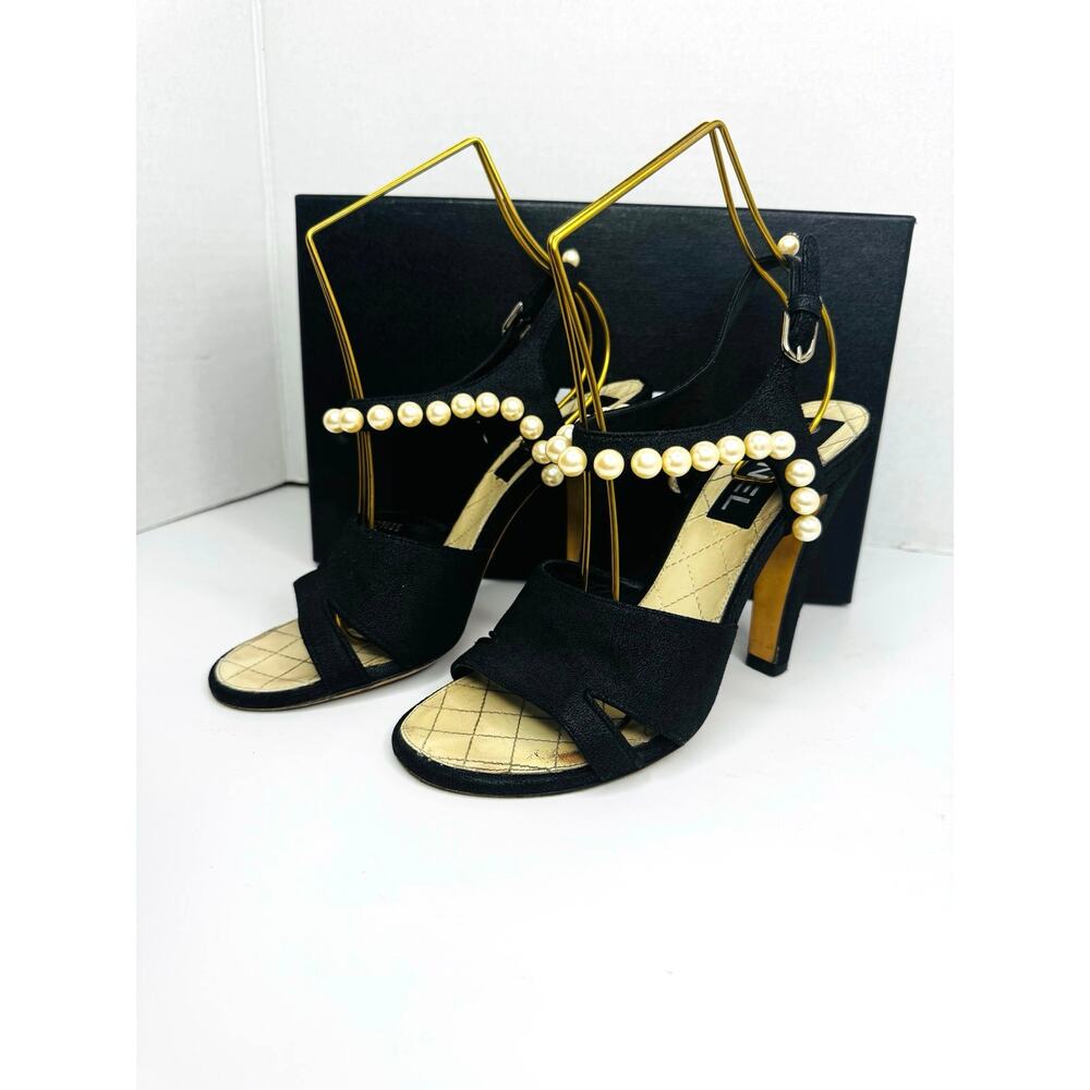 Chanel Black Grosgrain Faux Pearl Sandals Luxury Designer Slide Sandals  EU 37.5